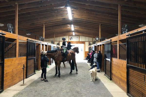 Win Green Cross country schooling in Northern Virginia, interior of barn with riders and horses.